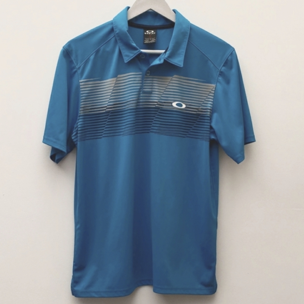 Oakley Teal Blue Striped Performance Polo